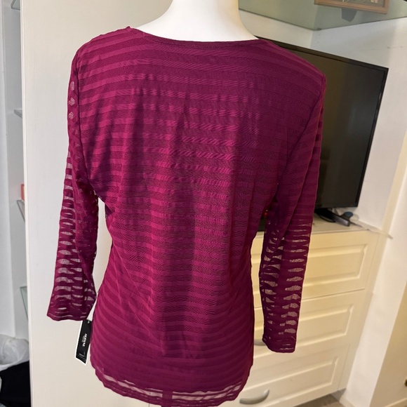 Alfani Mesh Cranberry Striped Paneled Top, Fushia, Purple, Petite Large, New - Picture 2 of 5